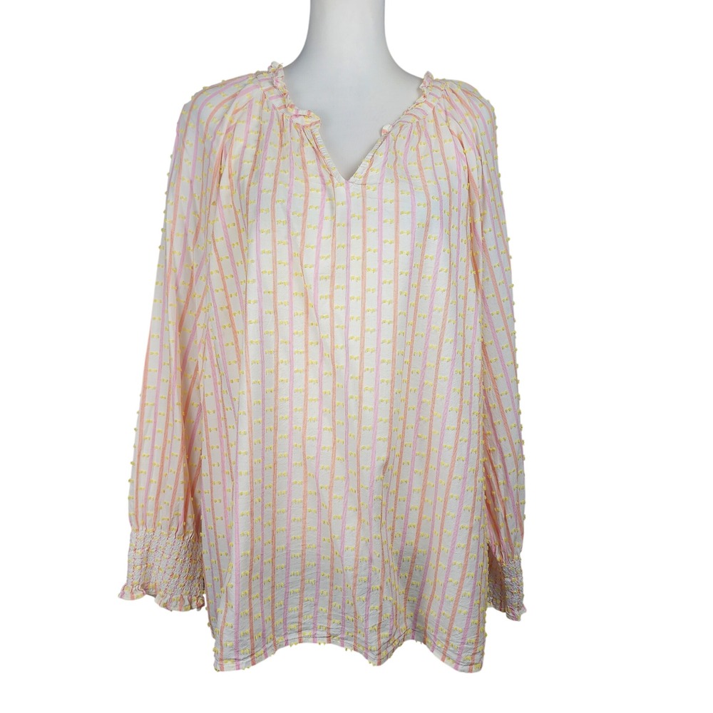 Talbots Swiss Dot Blouse Top Womens 2X Pink Yellow Striped Smocked Casual Boho